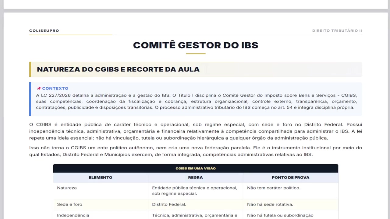 Trecho de uma aula de Direito Tributário na plataforma ColiseuPRO